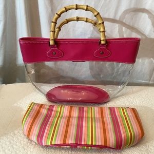 Euc-St. John’s Bay Clear bag bamboo handles with matching liner pink striped